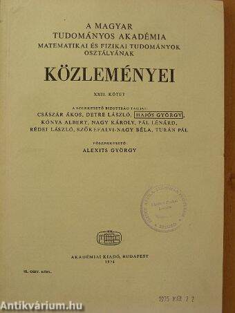 A Magyar Tudományos Akadémia Matematikai és Fizikai Tudományok Osztályának közleményei 1974/1.
