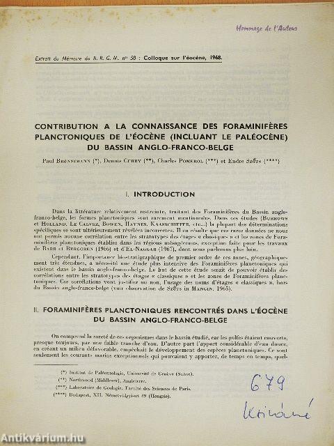 Contribution a la Connaissance des Foraminiféres Planctoniques de l'Éocéne (Incluant le Paléocéne) du Bassin Anglo-Franco-Belge