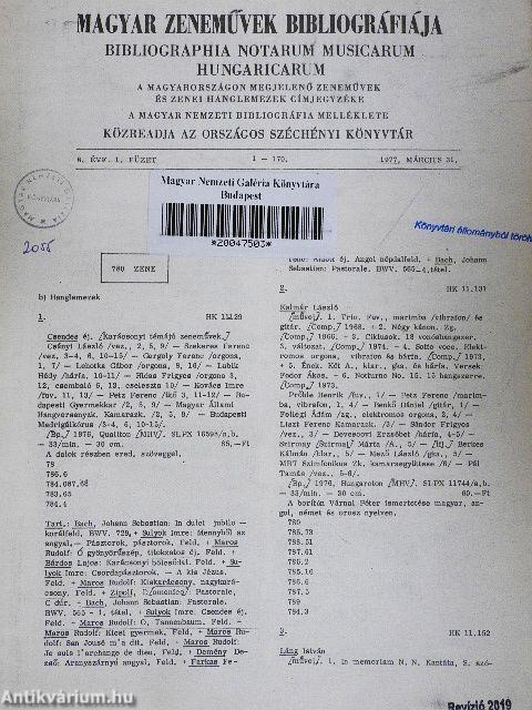 Magyar Zeneművek Bibliográfiája 1977/1