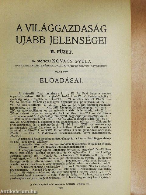 A világgazdaság ujabb jelenségei I-VII, IX-XII.