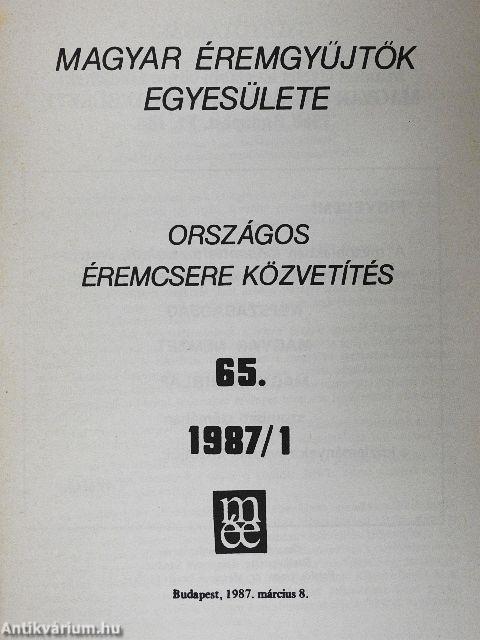 Magyar Éremgyűjtők Egyesülete Országos éremcsere közvetítés 1987/1