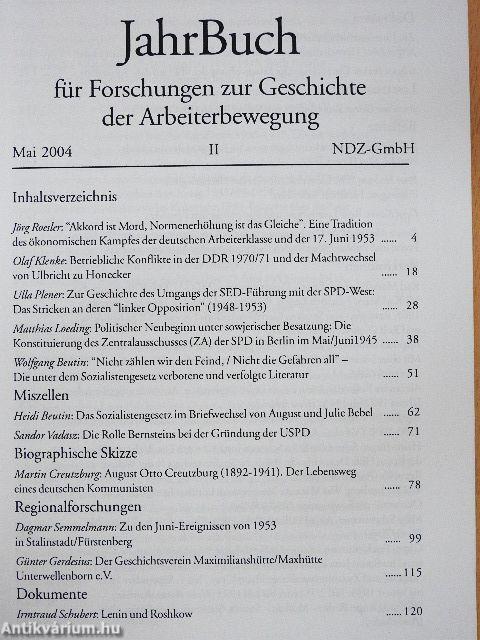JahrBuch für Forschungen zur Geschichte der Arbeiterbewegung Mai 2004