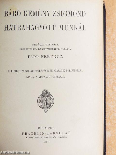 Báró Kemény Zsigmond hátrahagyott munkái