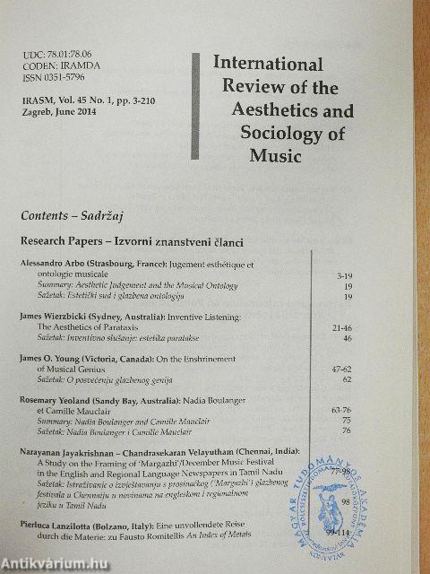 International Review of the Aesthetics and Sociology of Music - June 2014