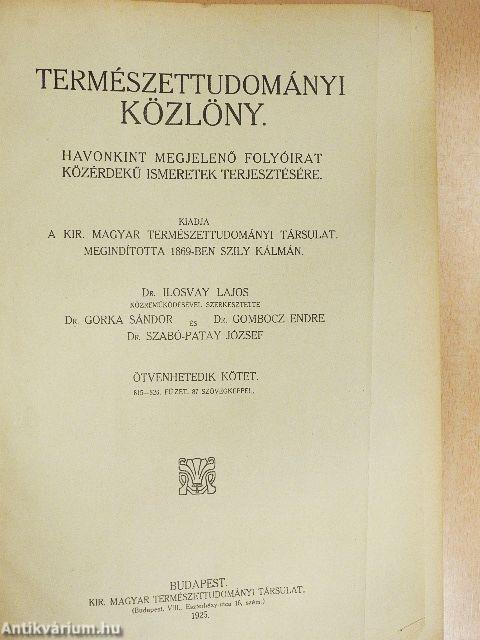 Természettudományi Közlöny 1925. január-december/Pótfüzetek a Természettudományi Közlönyhöz 1925. január-december