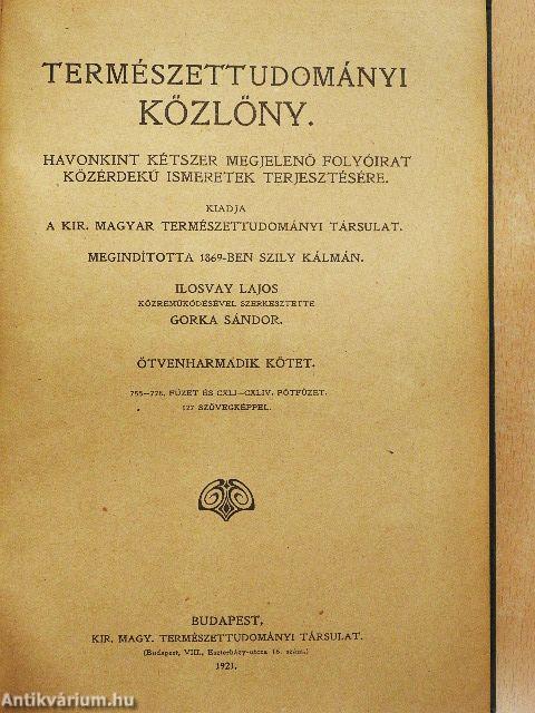 Természettudományi Közlöny 1921. január-december/Pótfüzetek a Természettudományi Közlönyhöz 1921. január-december