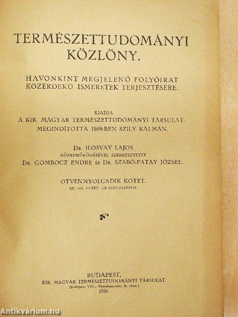 Természettudományi Közlöny 1926. január-december/Pótfüzetek a Természettudományi Közlönyhöz 1926. január-december