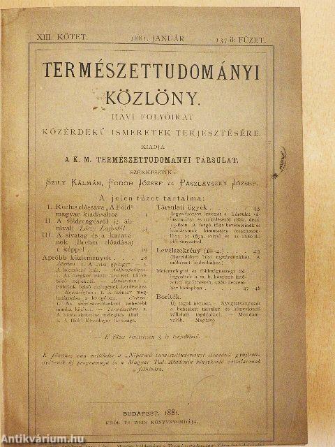 Természettudományi Közlöny 1881. január-december