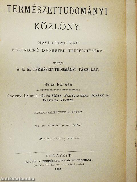 Természettudományi Közlöny 1897. január-december/Pótfüzetek a Természettudományi Közlönyhöz 1897. január-december