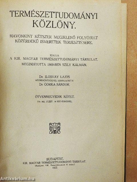 Természettudományi Közlöny 1922. január-deczember/Pótfüzetek a Természettudományi Közlönyhöz 1922. január-deczember