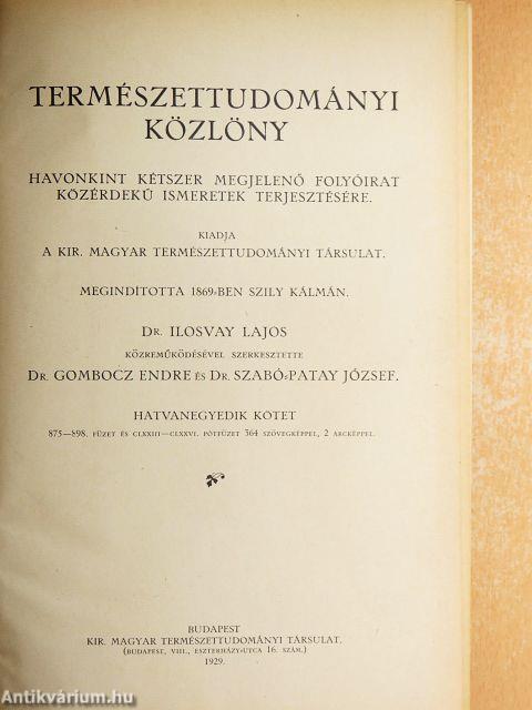 Természettudományi Közlöny 1929. január-december/Pótfüzetek a Természettudományi Közlönyhöz 1929. január-december