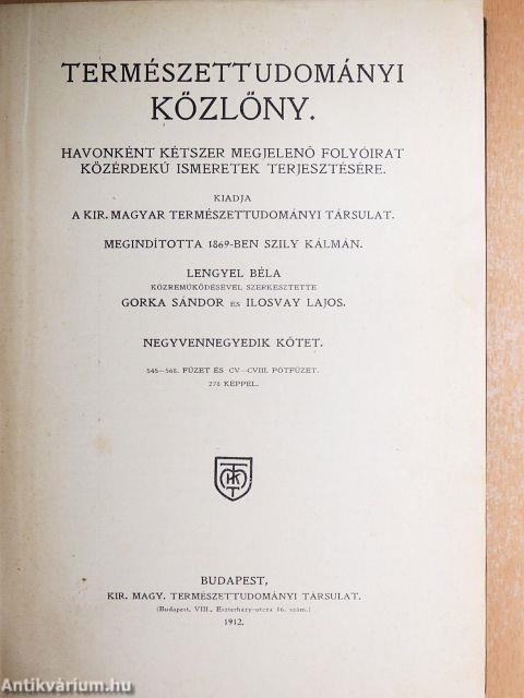 Természettudományi Közlöny 1912. január-december/Pótfüzetek a Természettudományi Közlönyhöz 1912. január-december