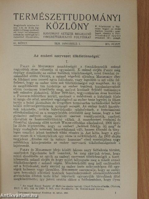 Természettudományi Közlöny 1929. január-december/Pótfüzetek a Természettudományi Közlönyhöz 1929. január-december
