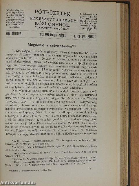 Természettudományi Közlöny 1912. január-december/Pótfüzetek a Természettudományi Közlönyhöz 1912. január-december