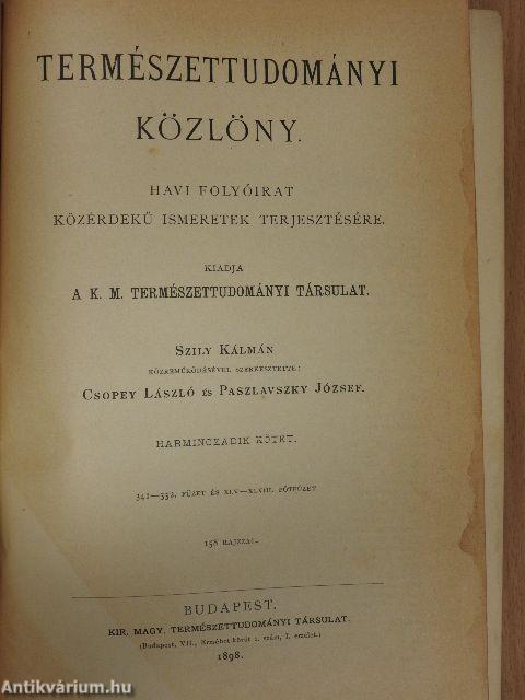 Természettudományi Közlöny 1898. január-december/Pótfüzetek a Természettudományi Közlönyhöz 1898. január-december