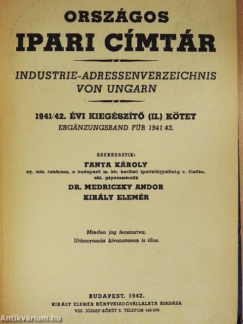 Országos ipari címtár 1941/42. évi kiegészítő (II.) kötet