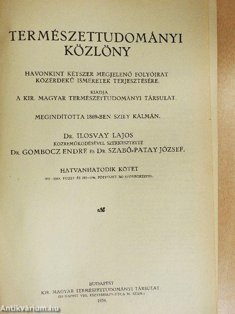 Természettudományi Közlöny 1934. január-december/Pótfüzetek a Természettudományi Közlönyhöz 1934. január-december