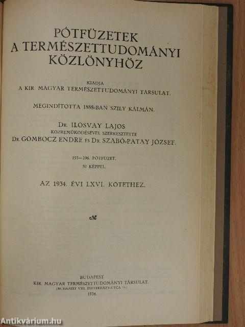 Természettudományi Közlöny 1934. január-december/Pótfüzetek a Természettudományi Közlönyhöz 1934. január-december