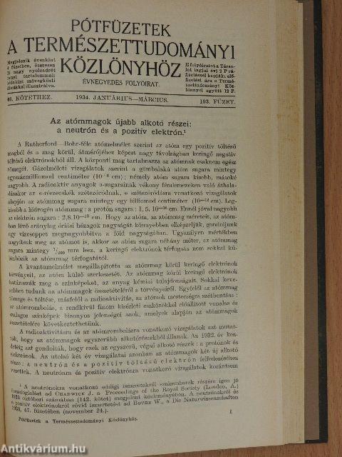 Természettudományi Közlöny 1934. január-december/Pótfüzetek a Természettudományi Közlönyhöz 1934. január-december