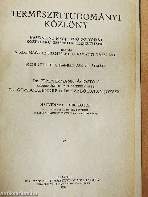 Természettudományi Közlöny 1940. január-december/Pótfüzetek a Természettudományi Közlönyhöz 1940. január-december
