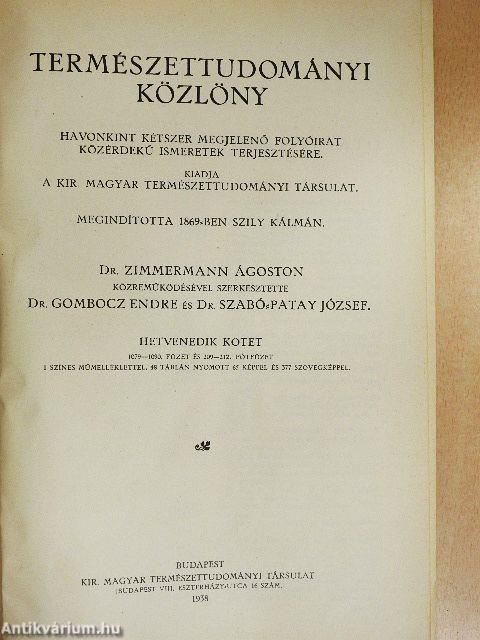 Természettudományi Közlöny 1938. január-december/Pótfüzetek a Természettudományi Közlönyhöz 1938. január-december