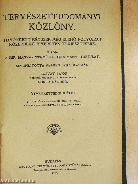 Természettudományi Közlöny 1920. január-december/Pótfüzetek a Termézettudományi Közlönyhöz 1920. január-december