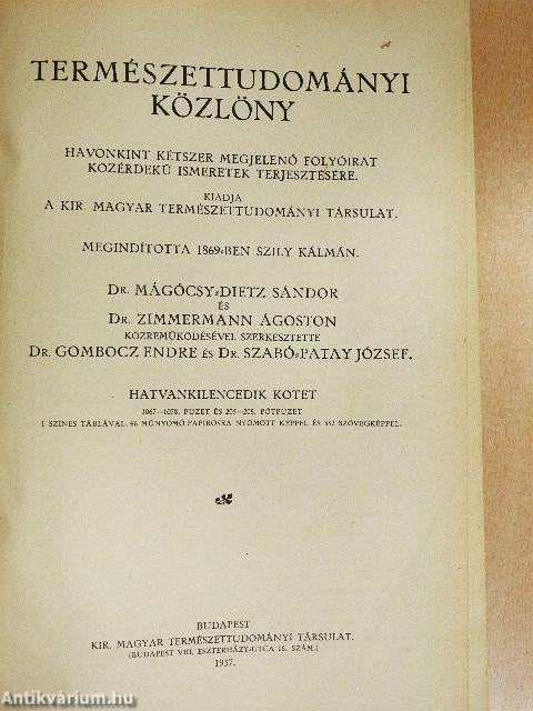 Természettudományi Közlöny 1937. január-december/Pótfüzetek a Természettudományi Közlönyhöz 1937. január-december
