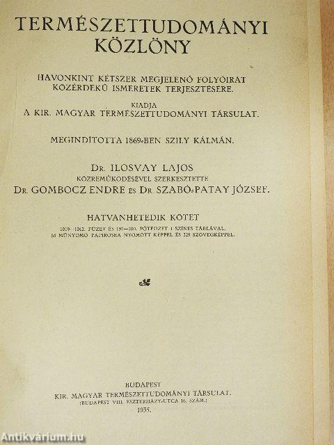 Természettudományi Közlöny 1935. január-december/Pótfüzetek a Természettudományi Közlönyhöz 1935. január-december