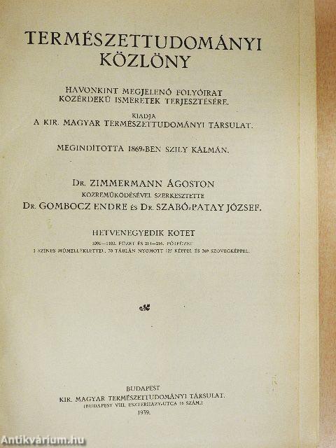 Természettudományi Közlöny 1939. január-december/Pótfüzetek a Természettudományi Közlönyhöz 1939. január-december