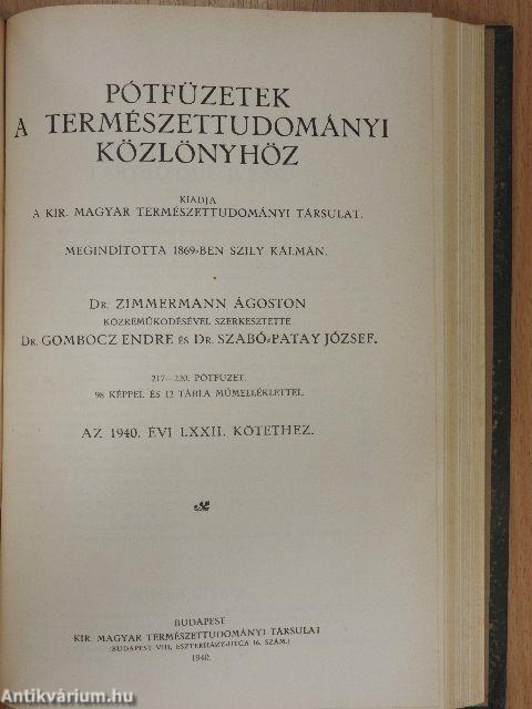 Természettudományi Közlöny 1940. január-december/Pótfüzetek a Természettudományi Közlönyhöz 1940. január-december