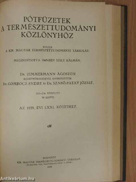 Természettudományi Közlöny 1939. január-december/Pótfüzetek a Természettudományi Közlönyhöz 1939. január-december