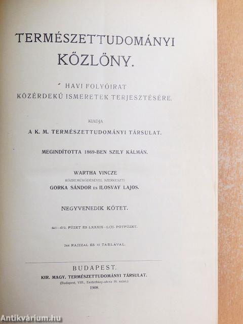 Természettudományi Közlöny 1908. január-december/Pótfüzetek a Természettudományi Közlönyhöz 1908. január-december