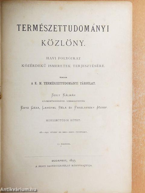 Természettudományi Közlöny 1893. január-december/Pótfüzetek a Természettudományi Közlönyhöz 1893. január-december