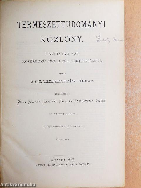 Természettudományi Közlöny 1888. január-december/Pótfüzetek a Természettudományi Közlönyökhöz 1888. január-december