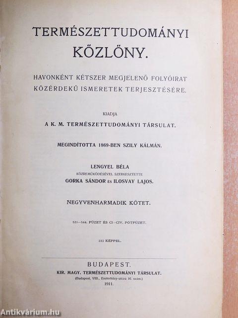 Természettudományi Közlöny 1911. január-december/Pótfüzetek a Természettudományi Közlönyhöz 1911. január-december