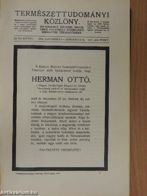 Természettudományi Közlöny 1915. január-december/Pótfüzetek a Természettudományi Közlönyhöz 1915. január-december
