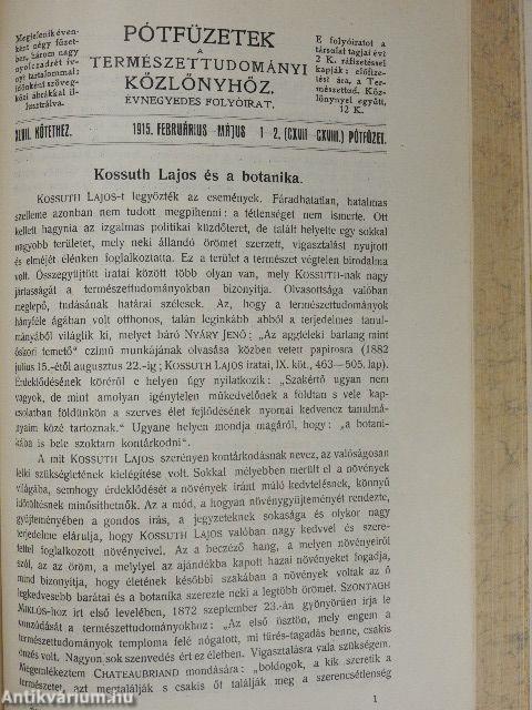 Természettudományi Közlöny 1915. január-december/Pótfüzetek a Természettudományi Közlönyhöz 1915. január-december