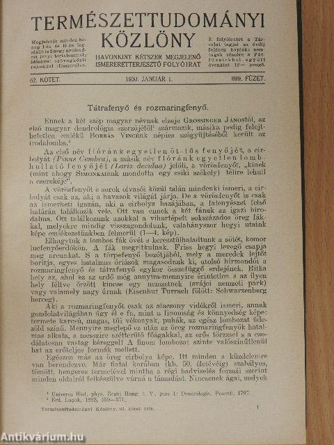 Természettudományi Közlöny 1930. január-december/Pótfüzetek a Természettudományi Közlönyhöz 1930. január-december