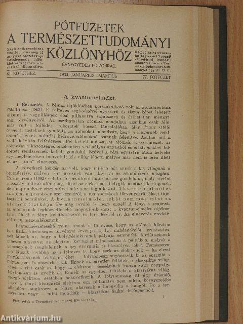 Természettudományi Közlöny 1930. január-december/Pótfüzetek a Természettudományi Közlönyhöz 1930. január-december