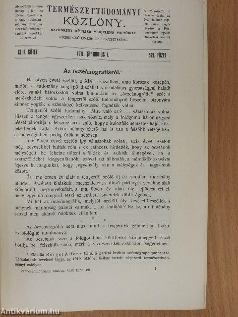 Természettudományi Közlöny 1911. január-december/Pótfüzetek a Természettudományi Közlönyhöz 1911. január-december