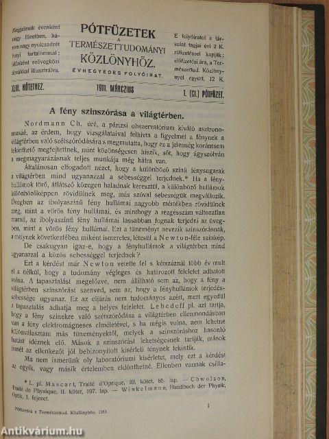 Természettudományi Közlöny 1911. január-december/Pótfüzetek a Természettudományi Közlönyhöz 1911. január-december