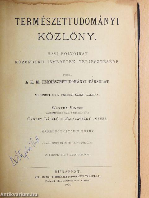 Természettudományi Közlöny 1904. január-deczember/Pótfüzetek a Természettudományi Közlönyhöz 1904. január-deczember