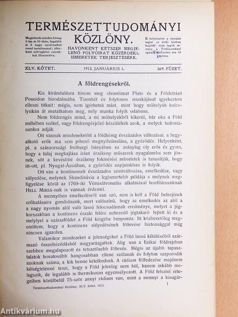 Természettudományi Közlöny 1913. január-december/Pótfüzetek a Természettudományi Közlönyhöz 1913. (nem teljes évfolyam)