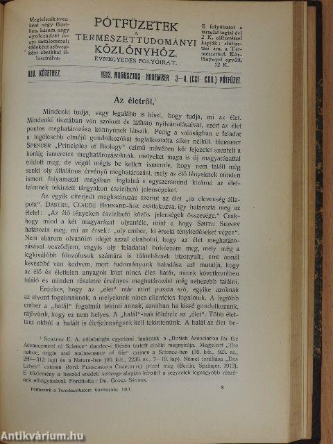 Természettudományi Közlöny 1913. január-december/Pótfüzetek a Természettudományi Közlönyhöz 1913. (nem teljes évfolyam)