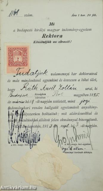 Ráth Aurél Zoltán leckekönyve