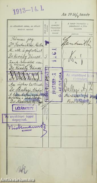 Ráth Aurél Zoltán leckekönyve