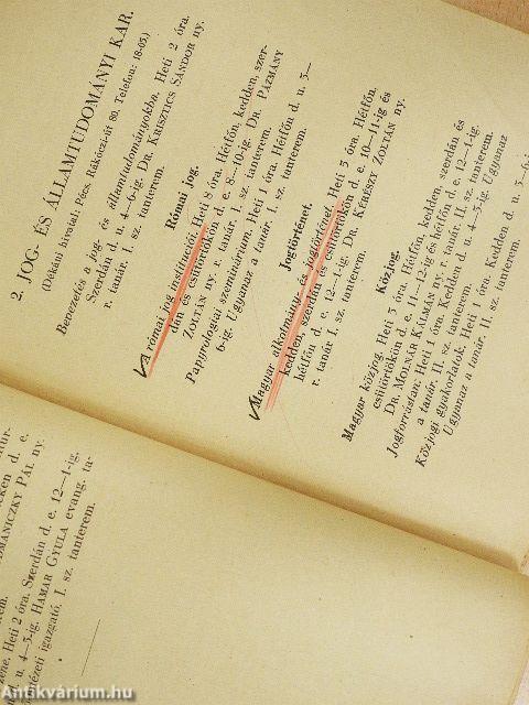 A M. Kir. Erzsébet Tudományegyetem tanrendje az 1933-34. tanév első felére