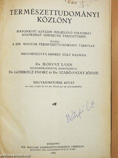 Természettudományi Közlöny 1934. január-december/Pótfüzetek a Természettudományi Közlönyhöz 1934. január-december