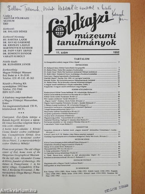 Földrajzi múzeumi tanulmányok 11. (dedikált példány)