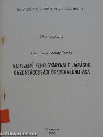 Korszerű fenolgyártási eljárások gazdaságossági összehasonlítása